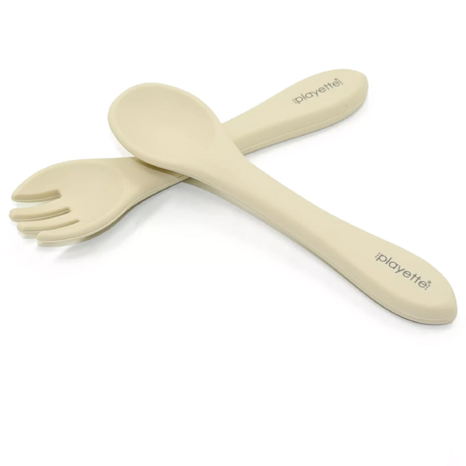 1501023-playette-silicone-baby-infant-spoon-and-fork-set-sand-4m