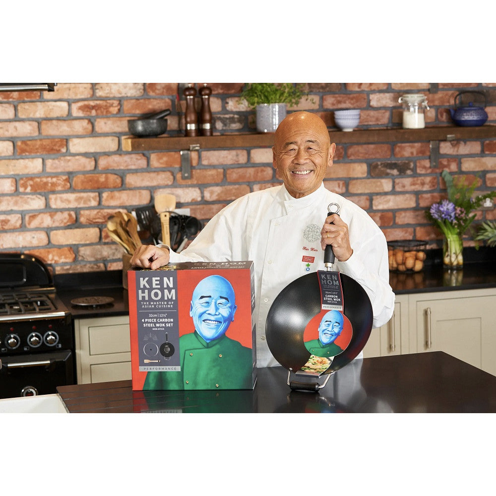 71008-4pc-ken-hom-non-stick-carbon-steel-wok-frypan-w-lid-rack-turner-set