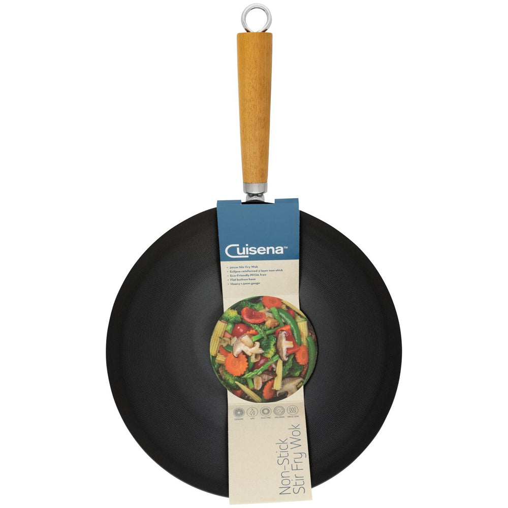 Cuisena 30cm Carbon Steel Stir Fry Wok Non Stick w/ Acacia Handle