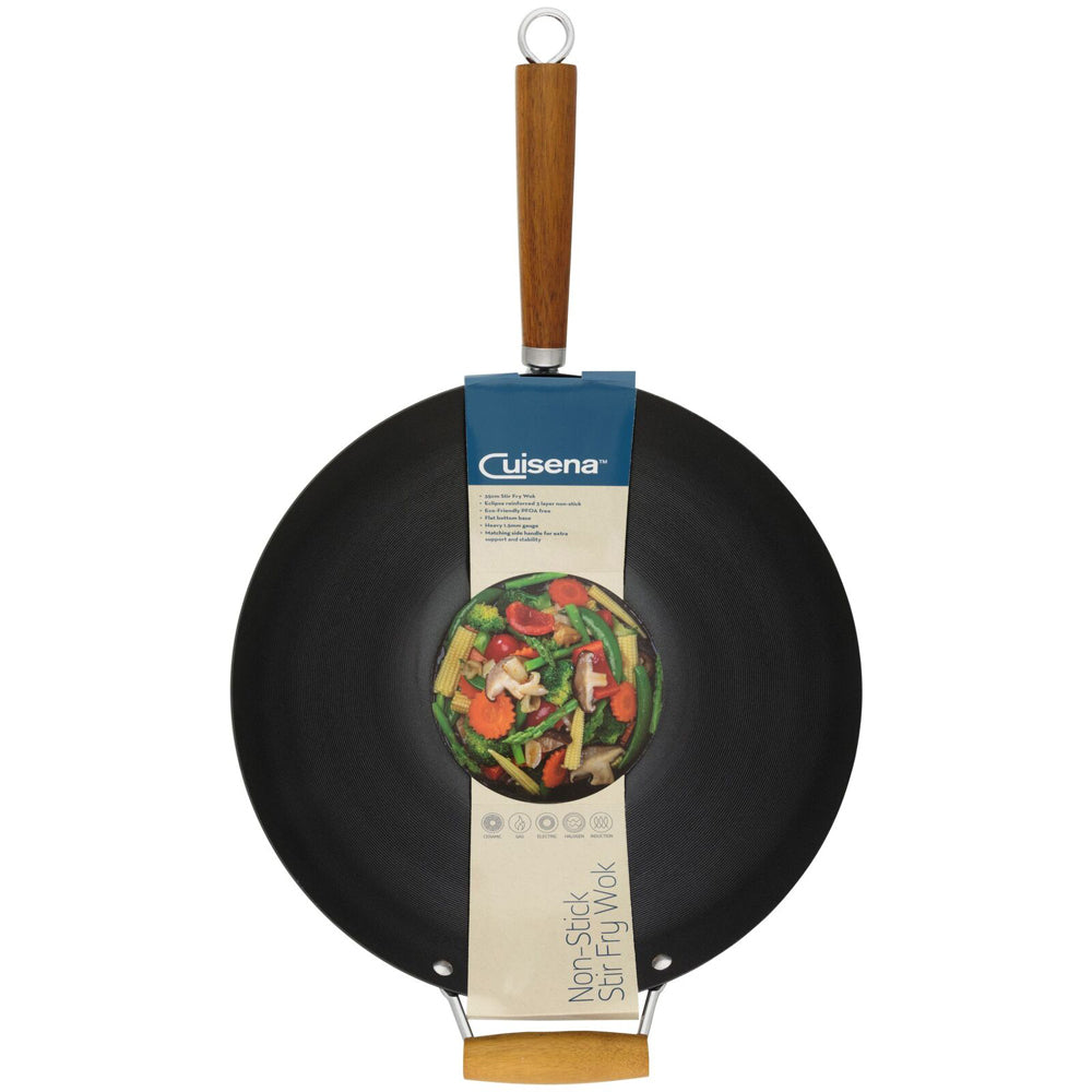 Cuisena 35cm Carbon Steel Stir Fry Wok Non Stick w/ Acacia Handle