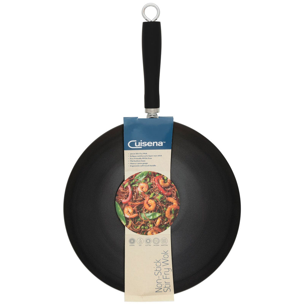 Cuisena 30cm Carbon Steel Stir Fry Wok Non Stick w/ Handle - Black