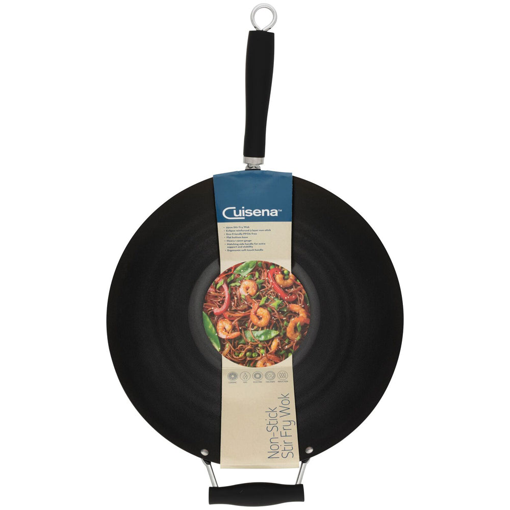 Cuisena 35cm Carbon Steel Stir Fry Wok Non Stick w/ Handle - Black