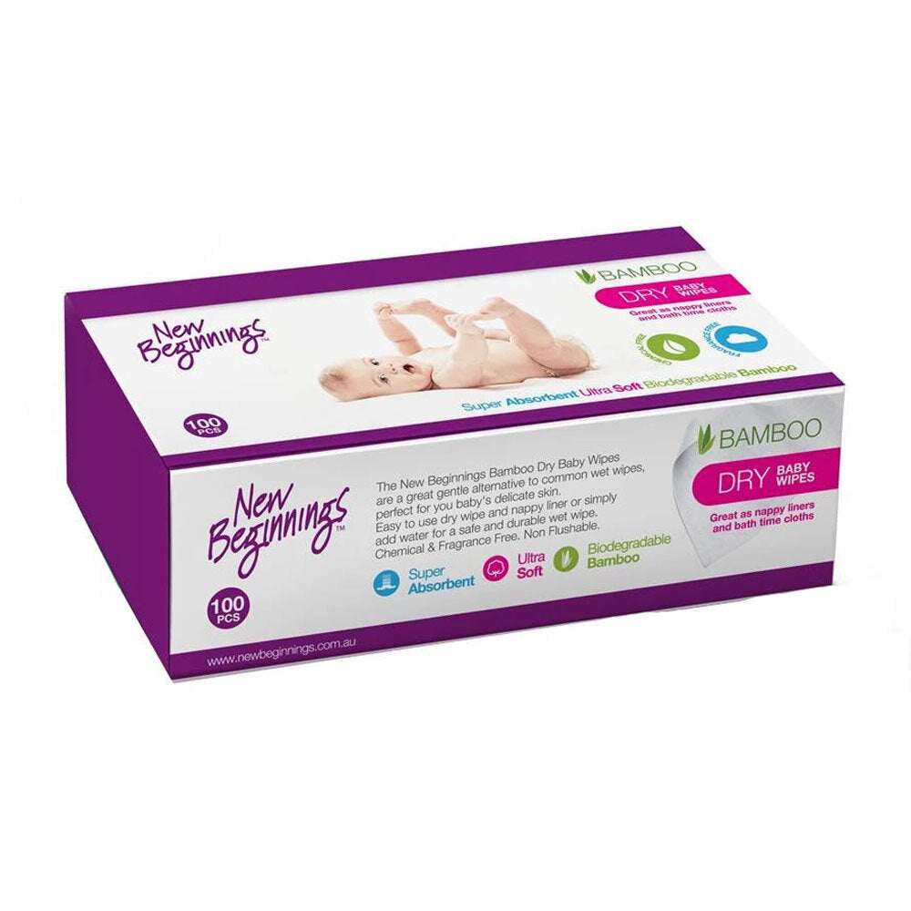 100pc New Beginnings 20x19cm Bamboo Dry Wipes