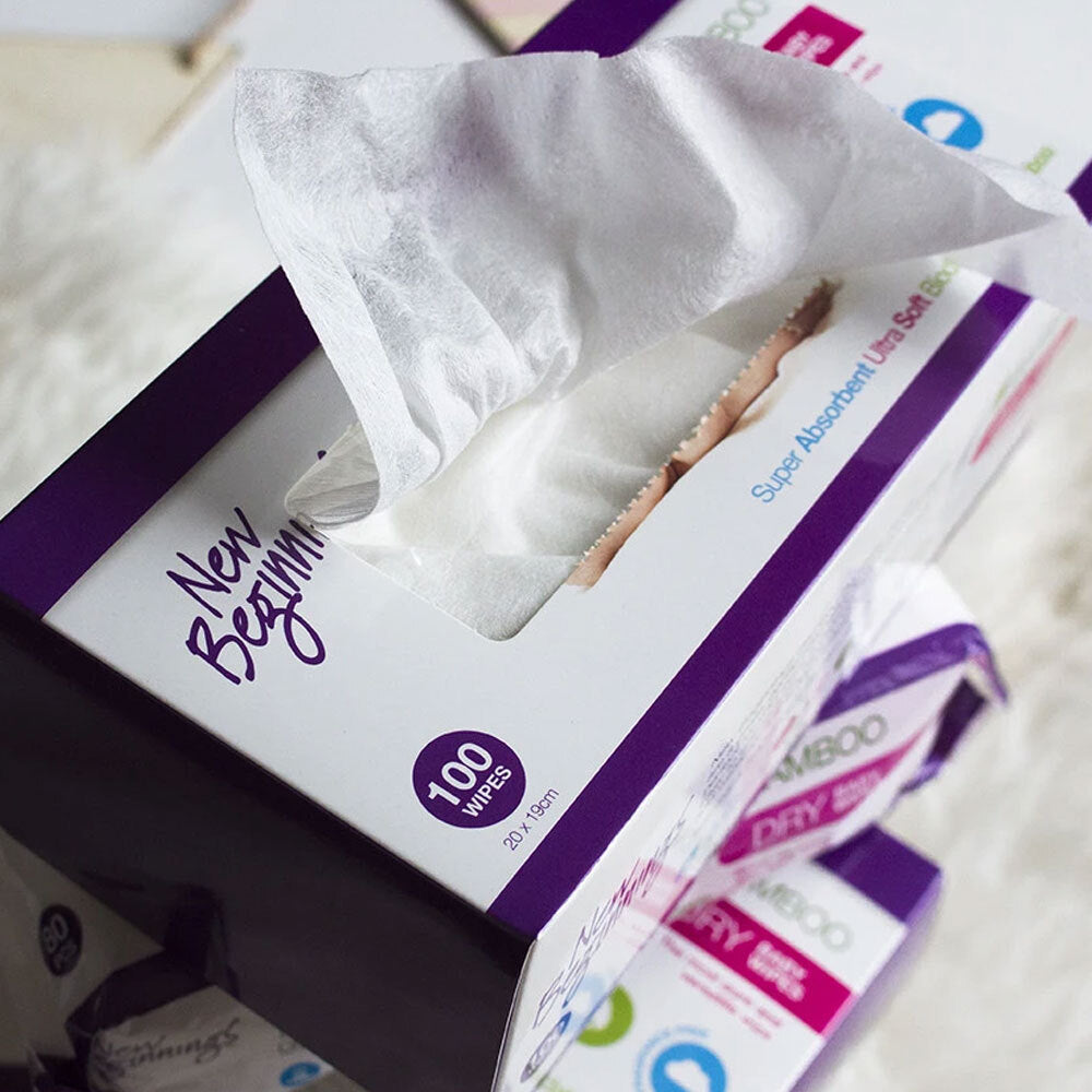 100pc New Beginnings 20x19cm Bamboo Dry Wipes