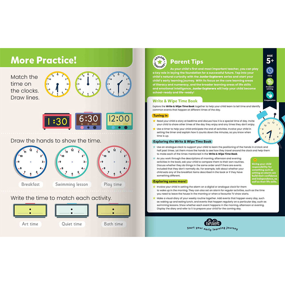 Junior Explorers: Write and Wipe Time Book Childrens Book 4y+