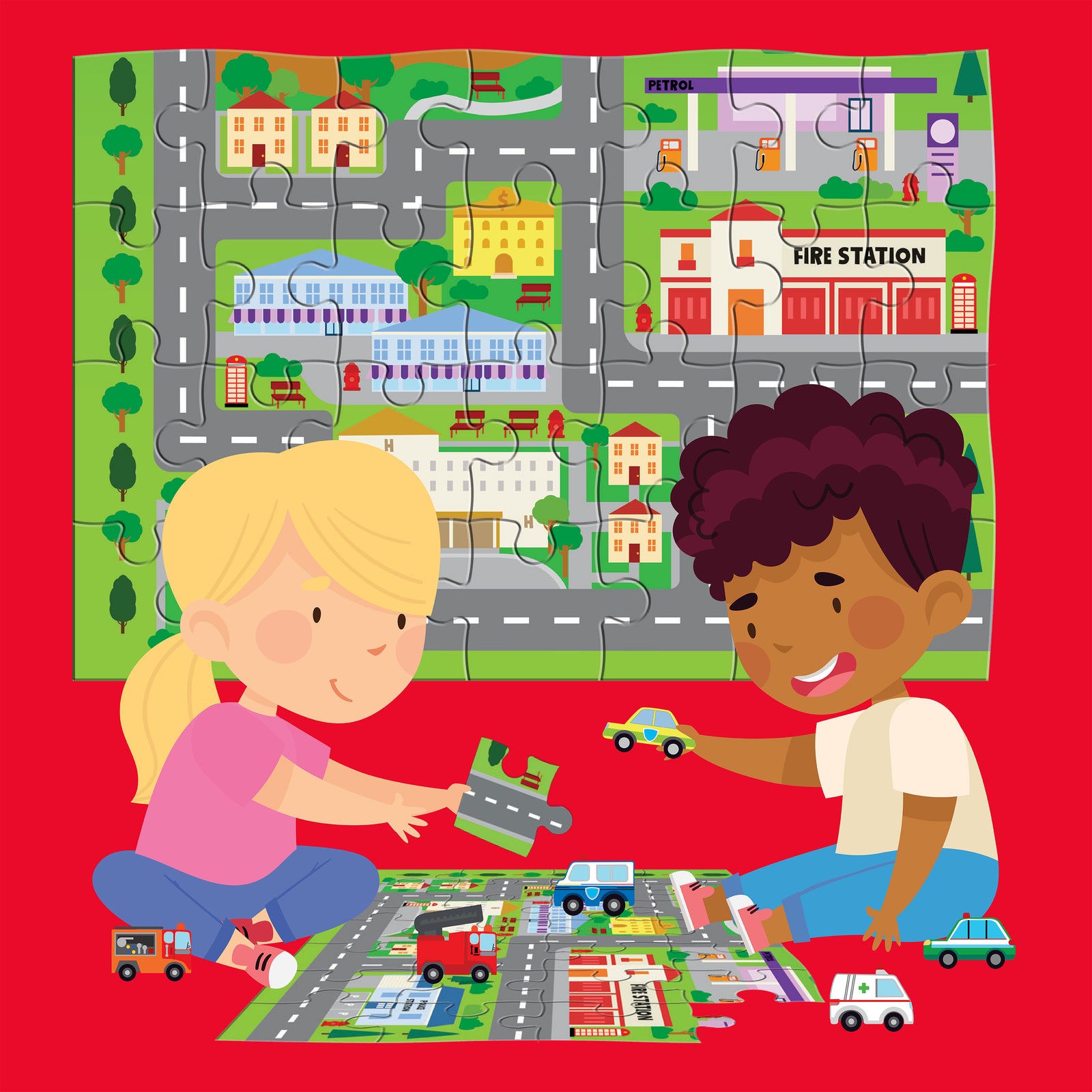 28pc Wonder Full Pull-Back & Go Kit Emergency Vehicles Floor Puzzle/Book