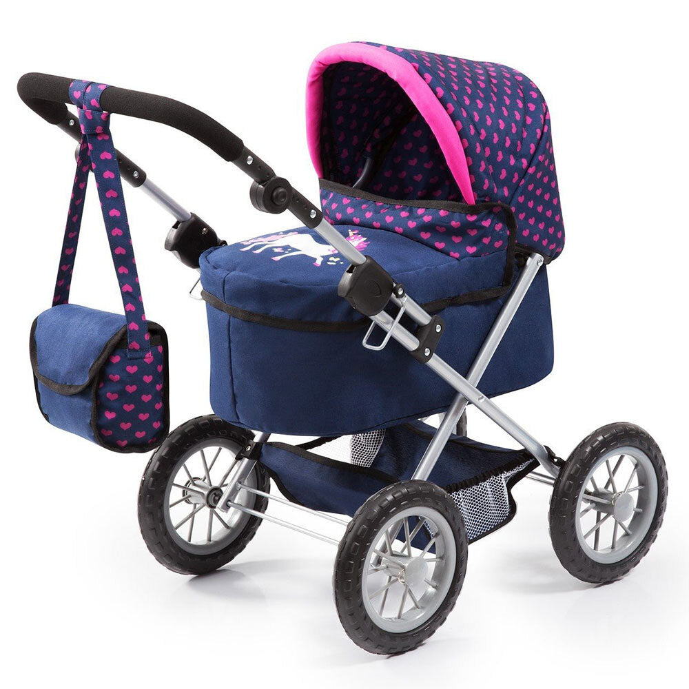 13054aa-bayer-trendy-68cm-doll-pram-bark-blue-w-pink-hearts-unicorn-3y