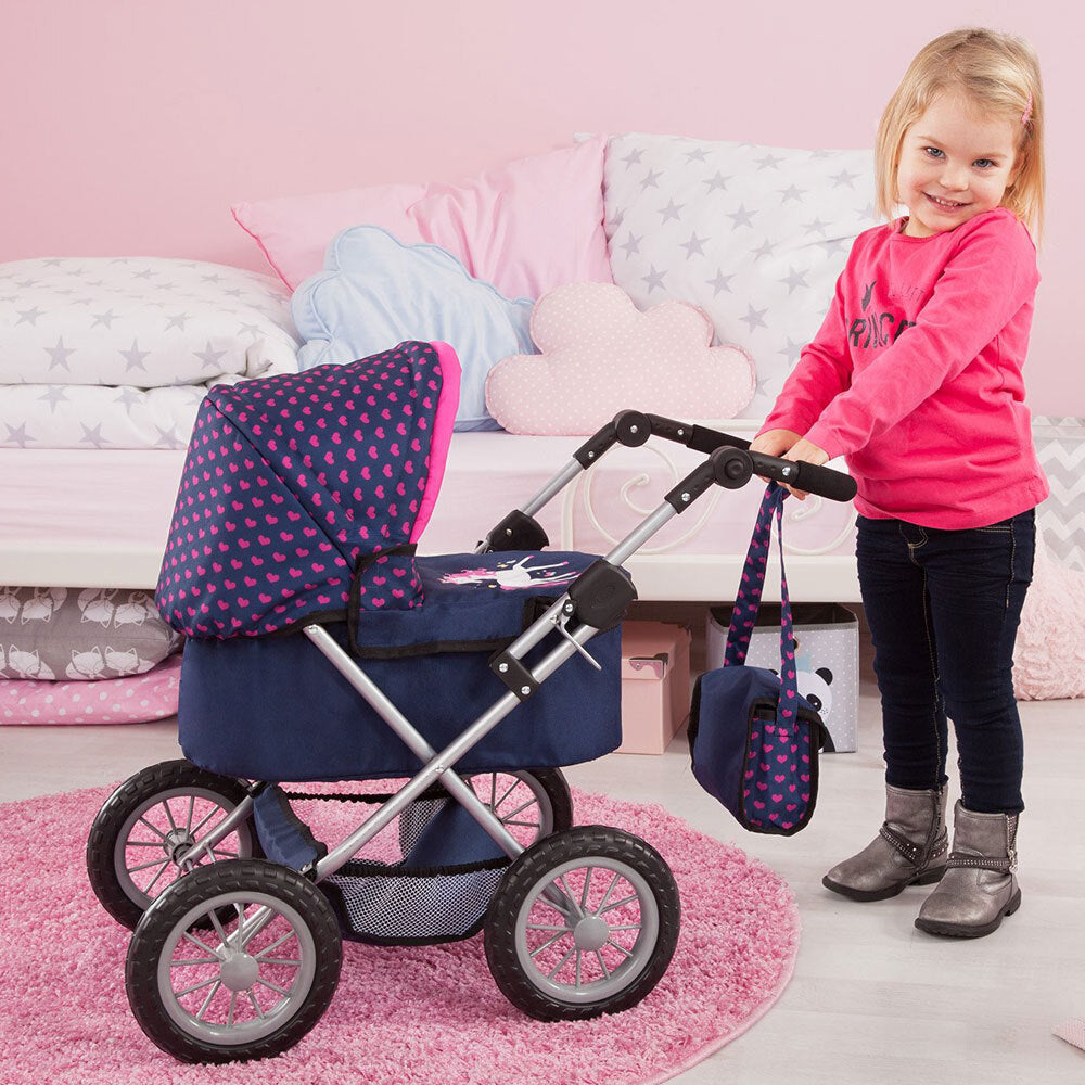 13054aa-bayer-trendy-68cm-doll-pram-bark-blue-w-pink-hearts-unicorn-3y
