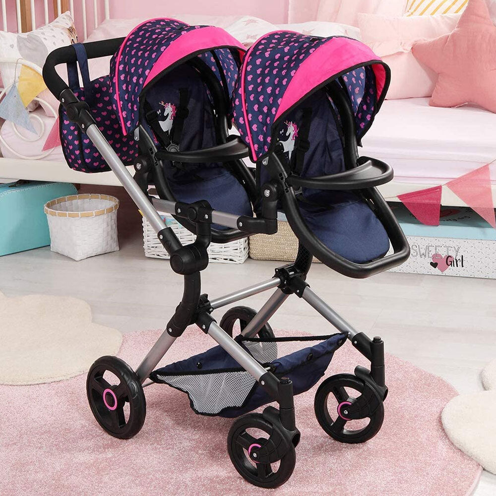 211-26254-bayer-twin-neo-doll-pram-blue-w-pink-hearts-unicorns