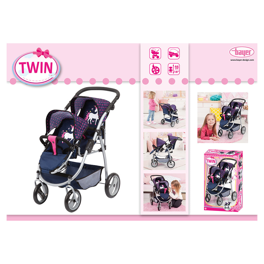 26554aa-bayer-twin-tandem-pram-blue-pink-hearts