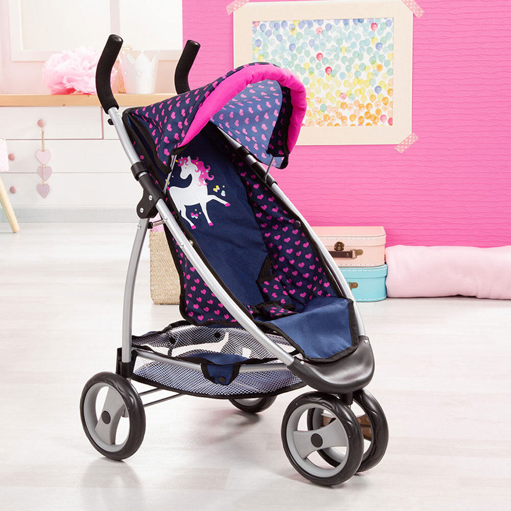 39954aa-bayer-69cm-doll-pram-jogger-dark-blue-w-pink-hearts-unicorn-3y