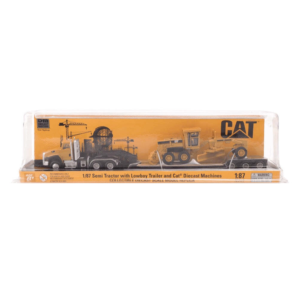 42084414-diecast-masters-1-87-cat-ct660-truck-lowboy-w-grader-model-kids-toy-8y