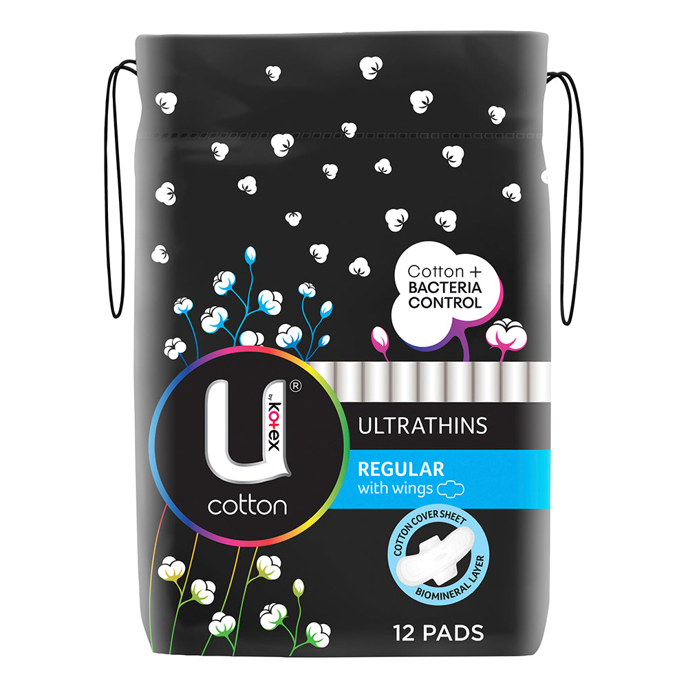 12pc U By Kotex Cotton Pads Ultrathin Regular With Wings