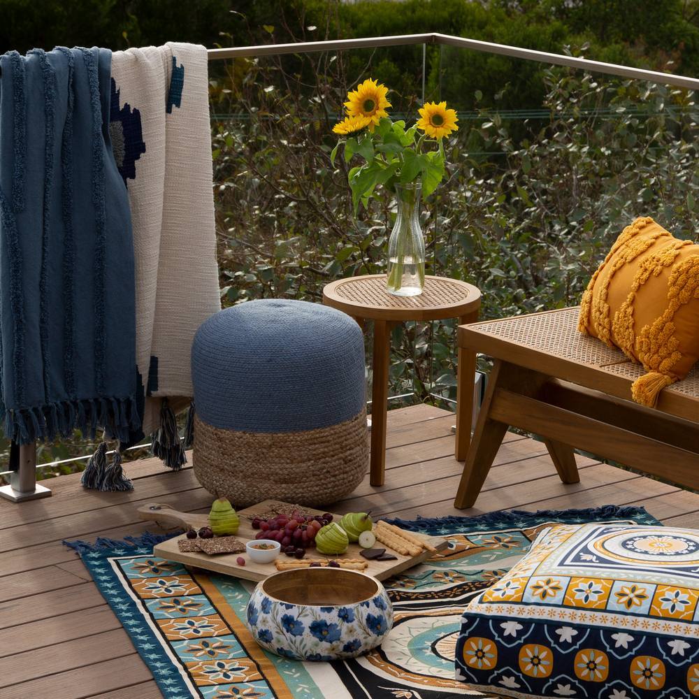 J. Elliot Henri Ottoman 45x45x40cm Natural & Steel Blue