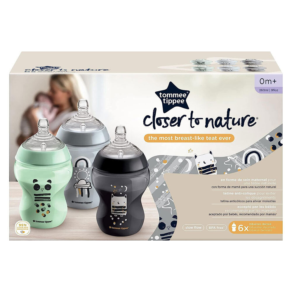 222009-6x-tommee-tippee-260ml-closer-to-nature-slow-flow-baby-bottles-0m-assorted