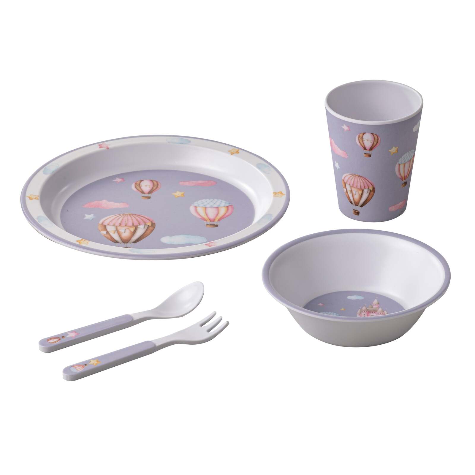521114-5pc-ashdene-up-in-the-sky-kids-melamine-dinner-set-purple