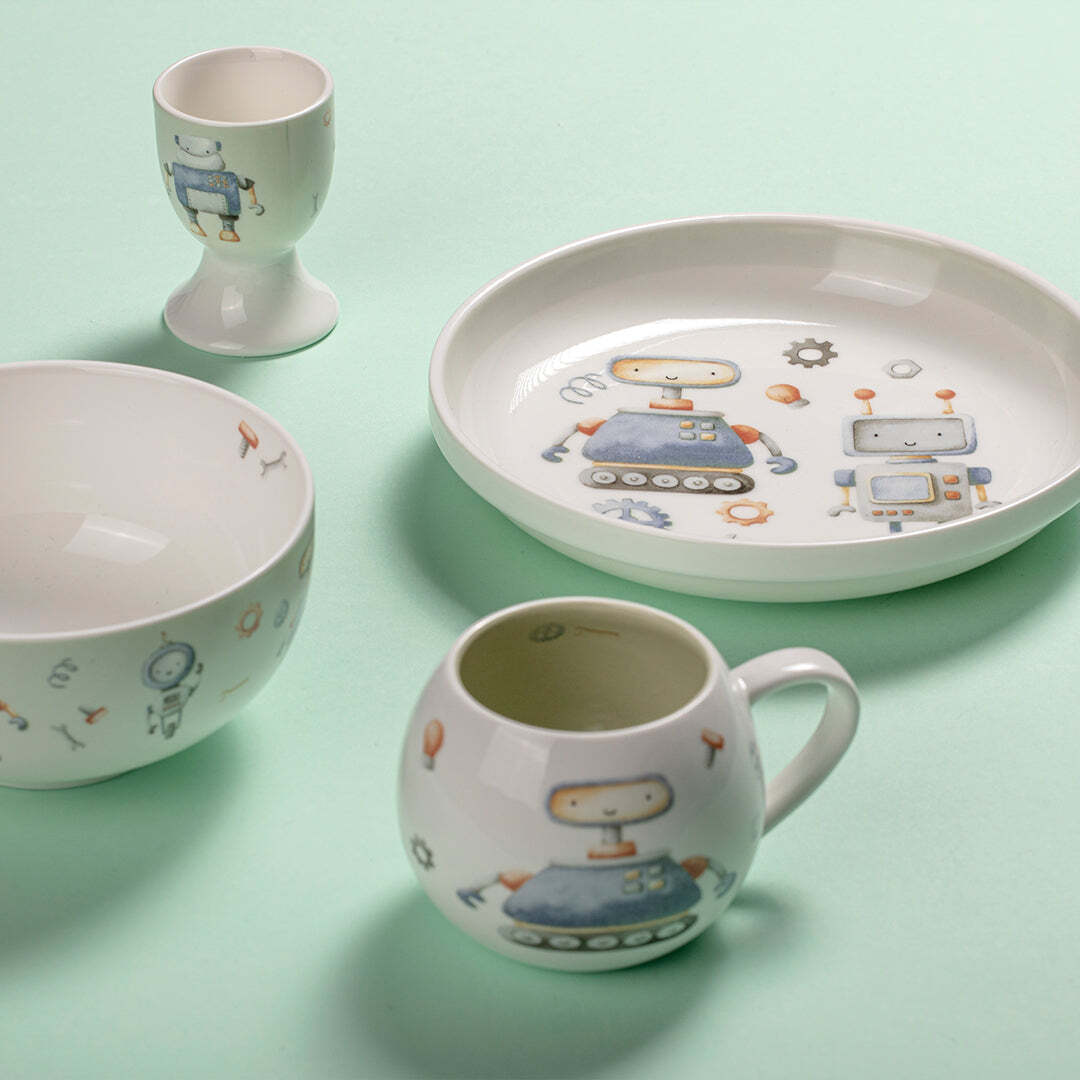 521119-4pc-ashdene-robots-kids-ceramic-200ml-mug-egg-cup-bowl-plate-set