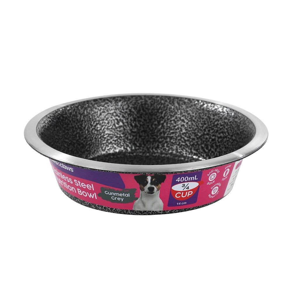 10126-paws-claws-pet-dog-14cm-400ml-stainless-steel-bowl-speckled-gunmetal