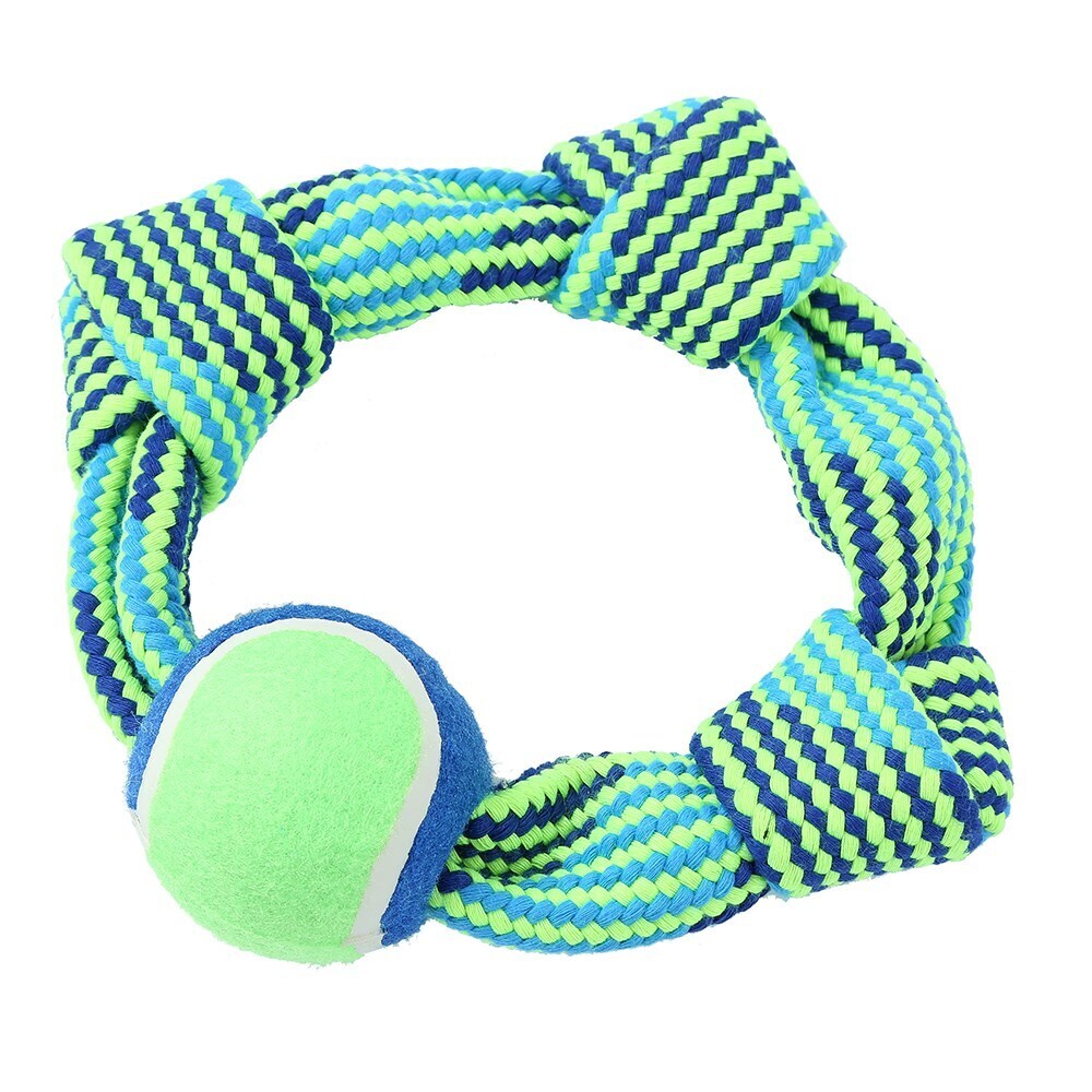 10232-paws-claws-tug-of-war-squeaky-rope-ring-w-tennis-ball-25cm-blue-green