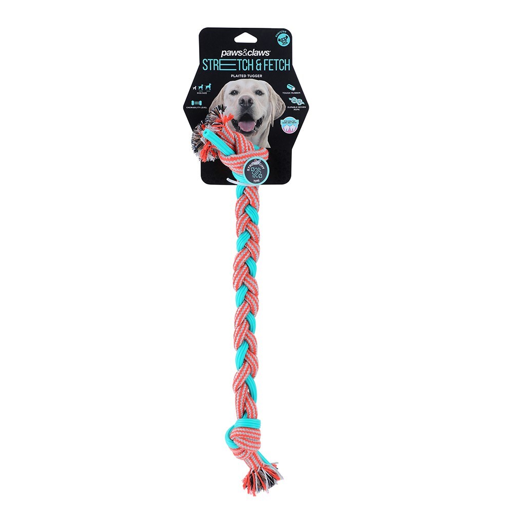 12212-paws-and-claws-50x4x4cm-stretch-fetch-rubber-braided-rope-plaited-tugger-dog-pet-toy