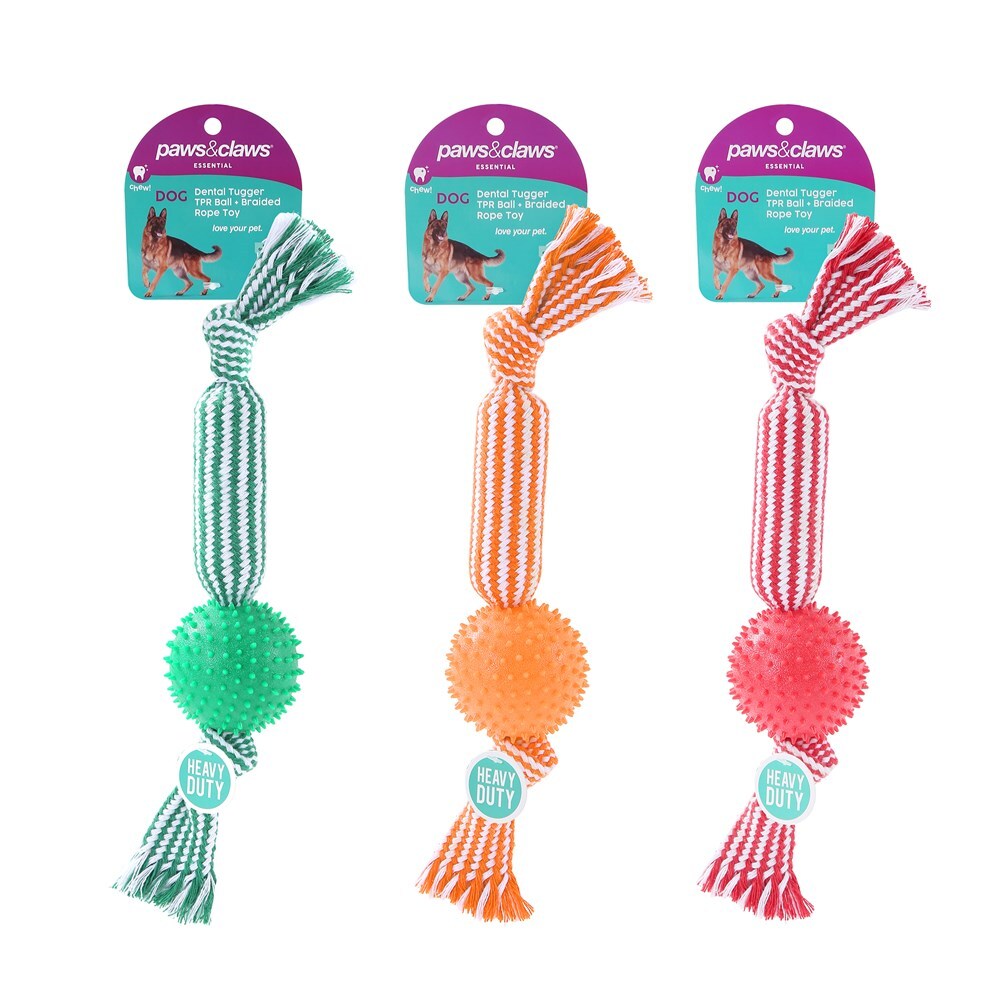 17156-paws-claws-dental-tugger-dog-pet-toy-tpr-ball-braided-rope-assorted-37cm