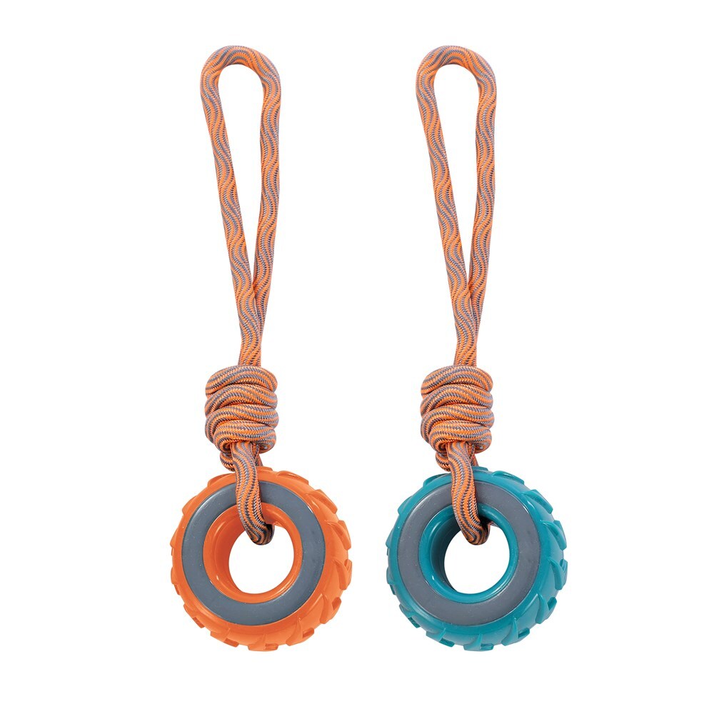 19921-paws-claws-28x8-5x4cm-squeaky-dual-colour-tyre-w-rope-dog-pet-toy-assorted