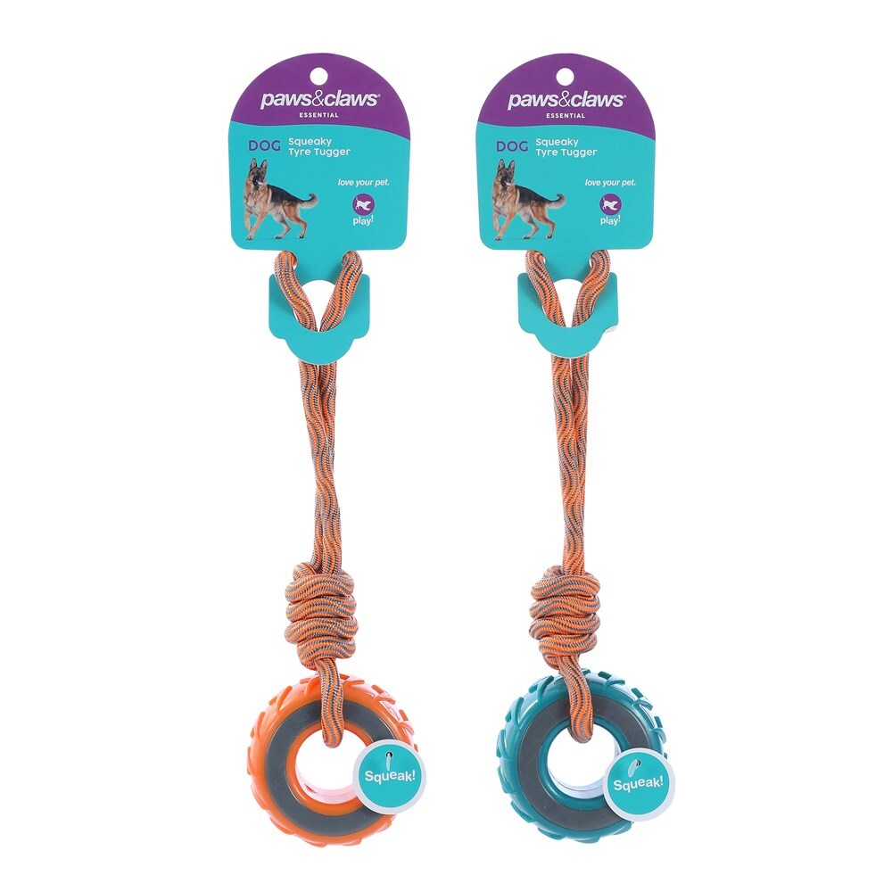 19921-paws-claws-28x8-5x4cm-squeaky-dual-colour-tyre-w-rope-dog-pet-toy-assorted