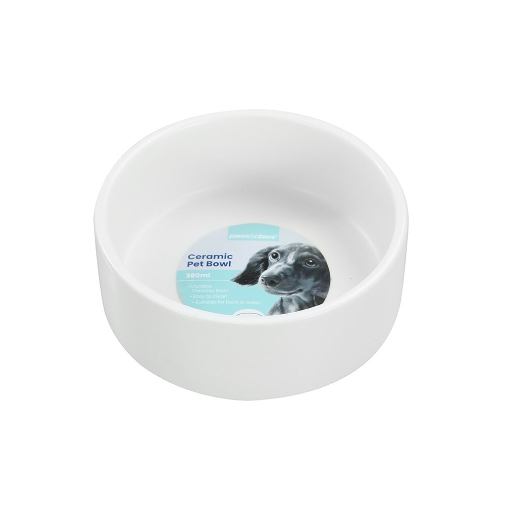 21603-paws-claws-13cm-380ml-ceramic-pet-bowl-assorted-white-green-grey