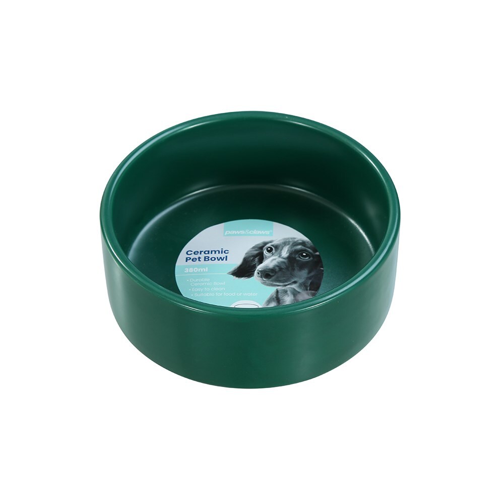 21603-paws-claws-13cm-380ml-ceramic-pet-bowl-assorted-white-green-grey