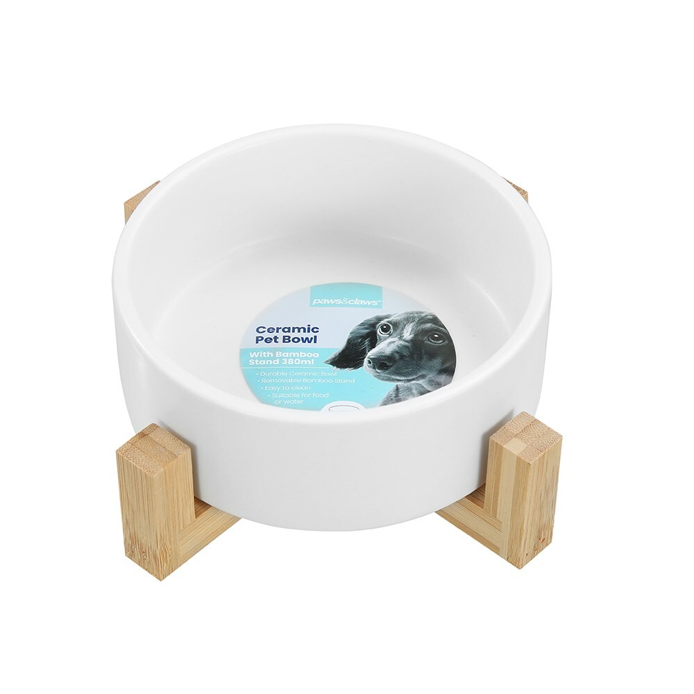 21689-paws-claws-13cm-380ml-ceramic-pet-bowl-w-bamboo-stand-assorted