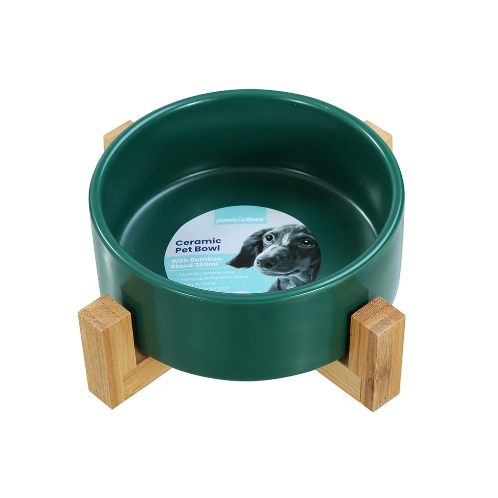 21689-paws-claws-13cm-380ml-ceramic-pet-bowl-w-bamboo-stand-assorted