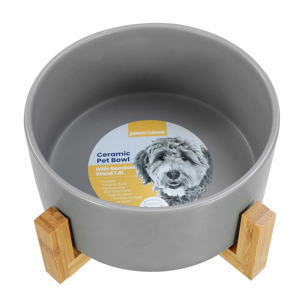 21702-paws-claws-19cm-1-8l-ceramic-pet-bowl-w-bamboo-stand-assorted
