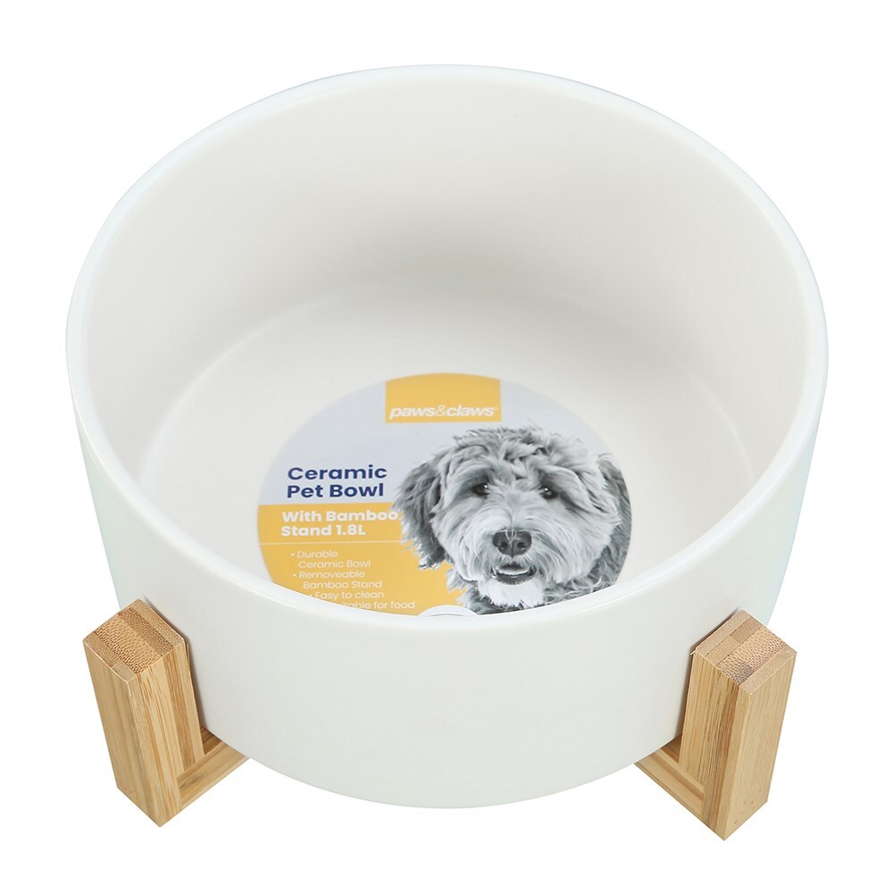 21702-paws-claws-19cm-1-8l-ceramic-pet-bowl-w-bamboo-stand-assorted