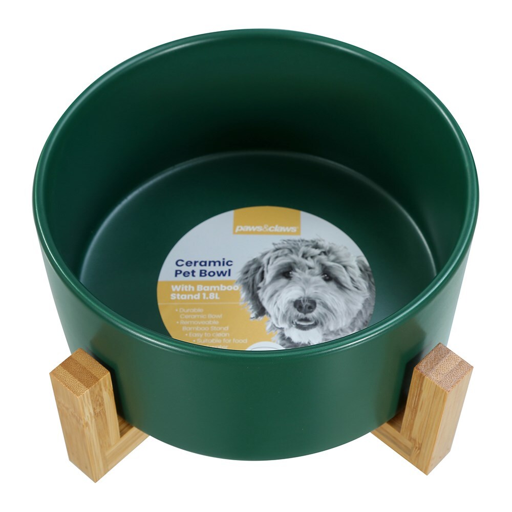 21702-paws-claws-19cm-1-8l-ceramic-pet-bowl-w-bamboo-stand-assorted