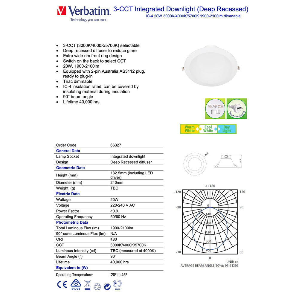 66327-verbatim-recessed-tri-colour-downlight-20w-3000k-4000k-5700k-205mm-cutout