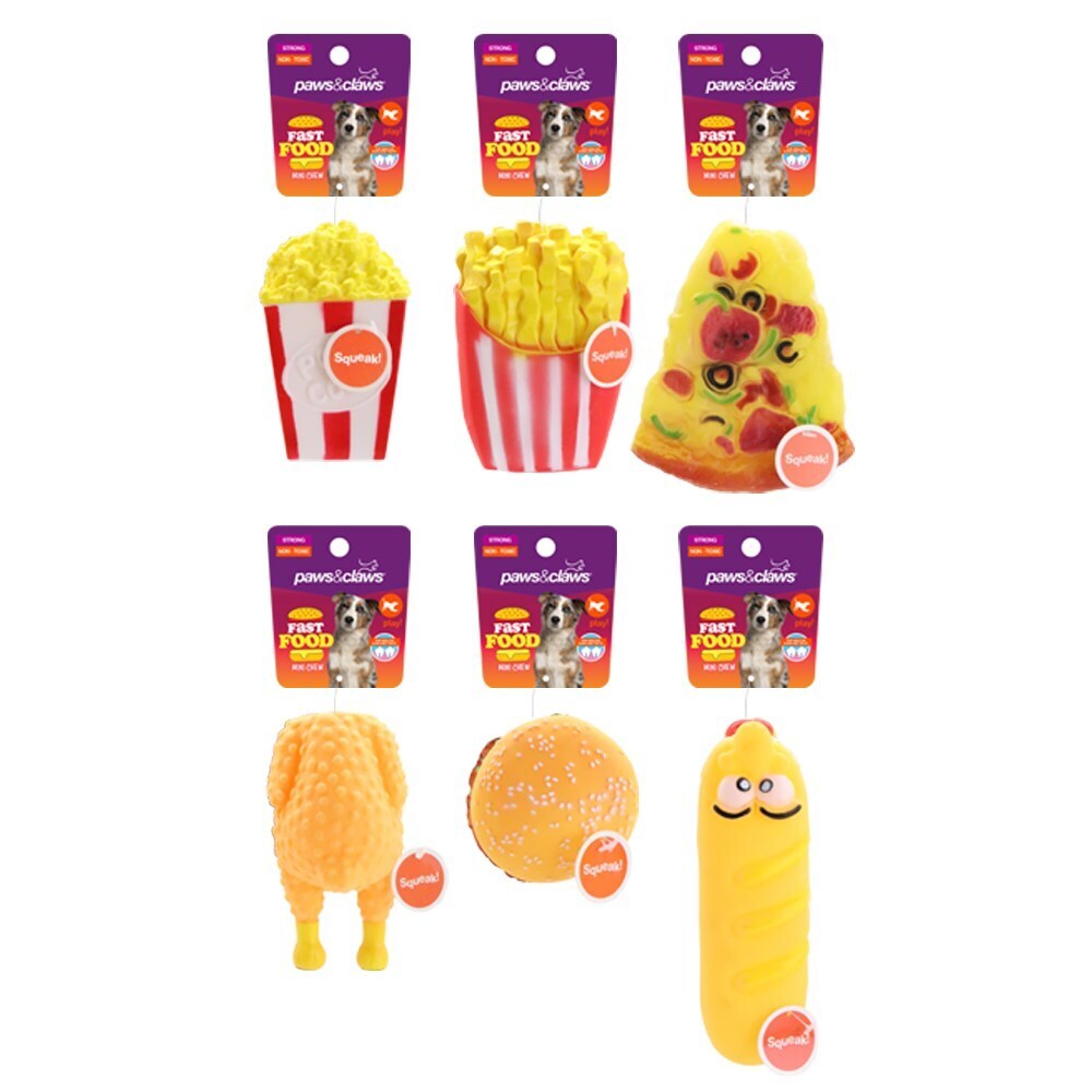 80092-paws-claws-fast-food-mini-chew-toys-clip-strip-vinyl-12x7x5-5cm-assorted