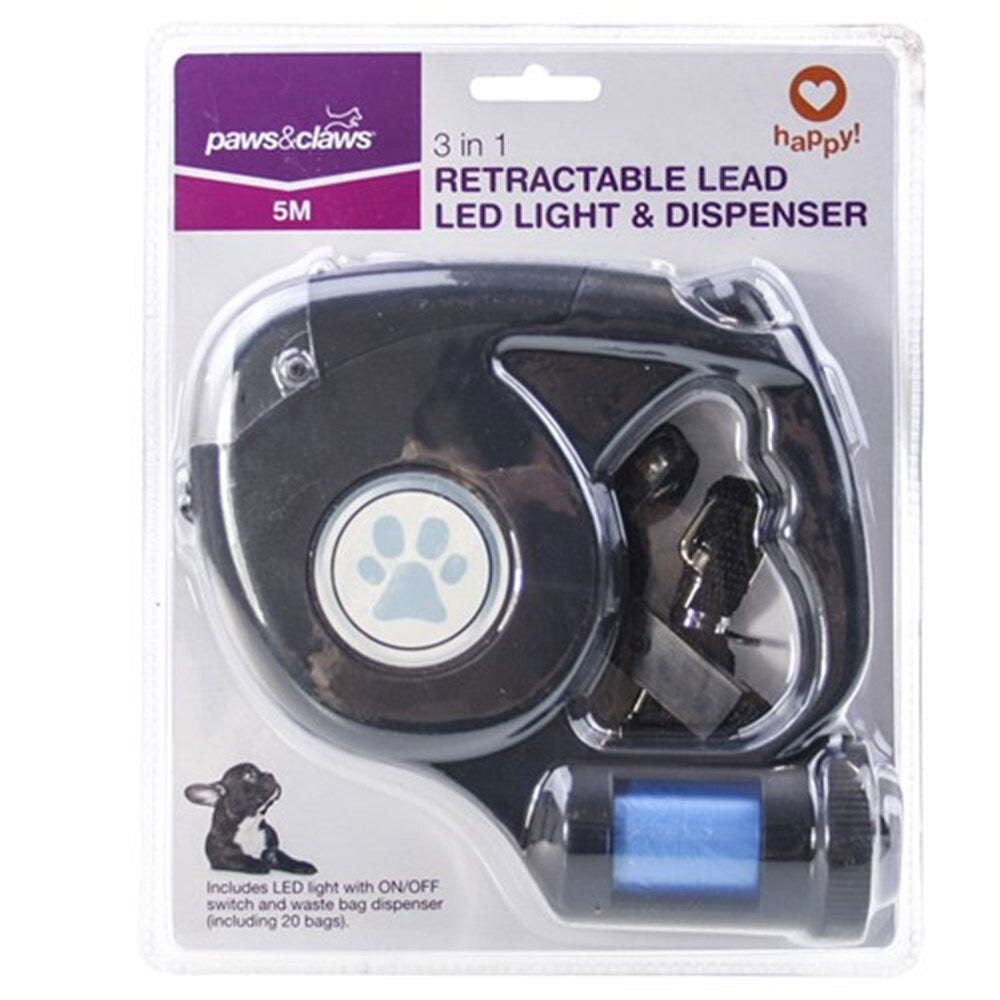 85271-paws-claws-5m-3-in1-retractable-lead-w-led-light-bag-dispenser