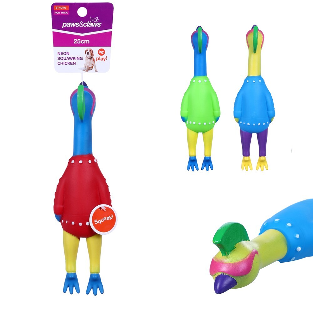 85776-paws-claws-25cm-vinyl-neon-squeaky-chicken-assorted