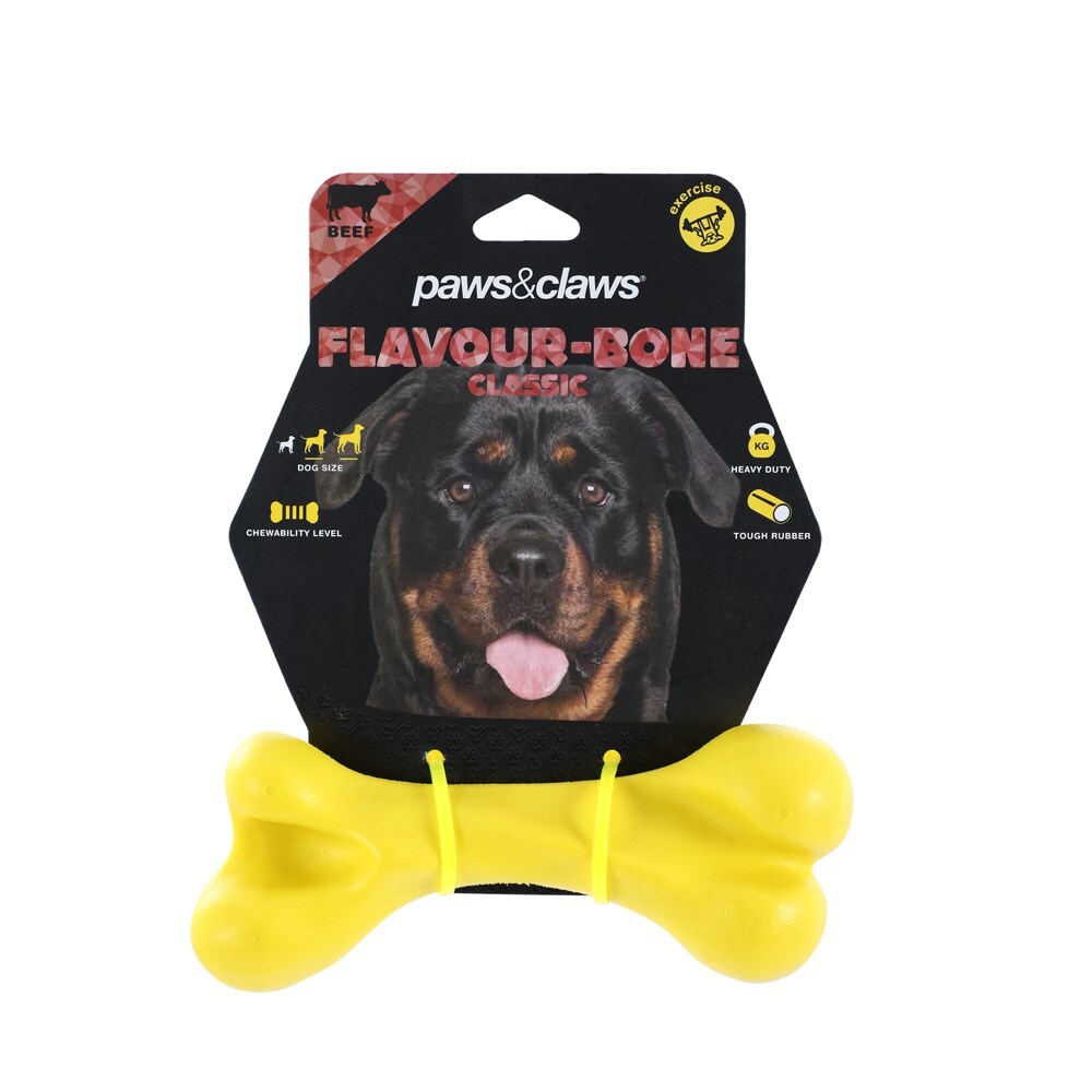 88609-paws-claws-flavour-bone-classic-bone-beef-flavoured-rubber-toy-18x7cm-yellow