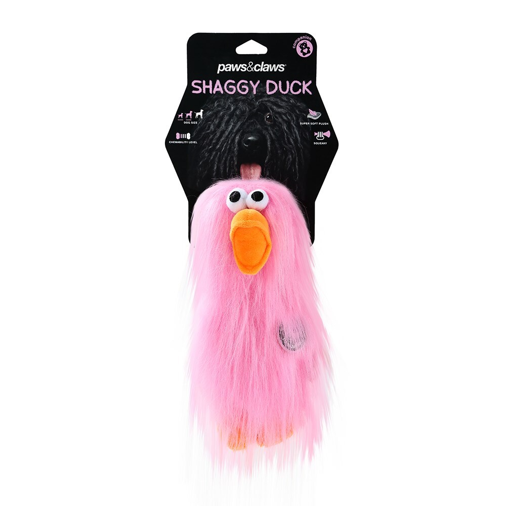 88784-paws-claws-22cm-super-shaggy-duck-dog-pet-toy-pink