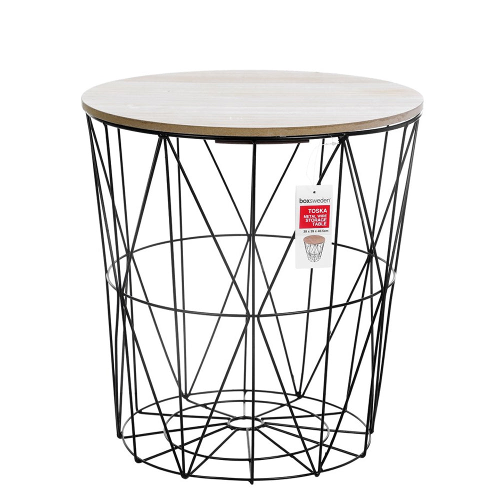 Boxsweden Toska Metal Wire Storage Table Wooden Top 39x40.5cm - Black