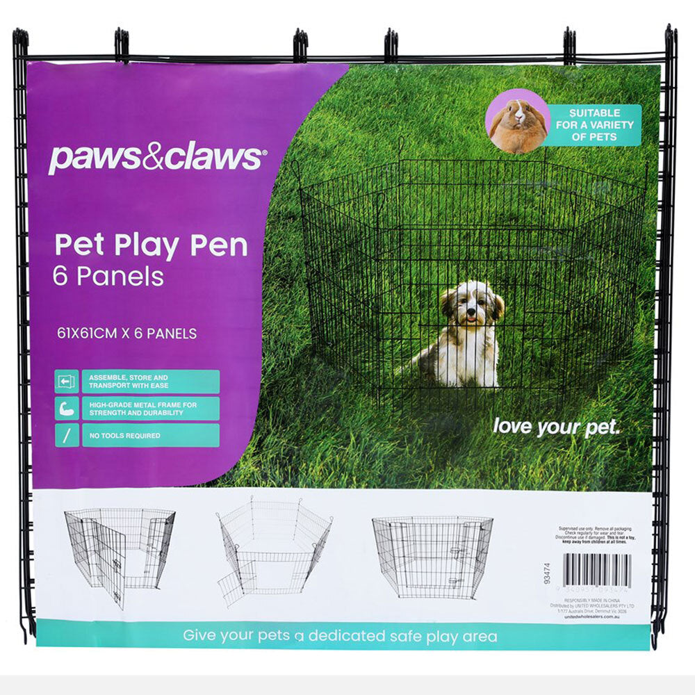 6pc Paws & Claws Pet Play Pen 6 Sided Medium 61x61cm