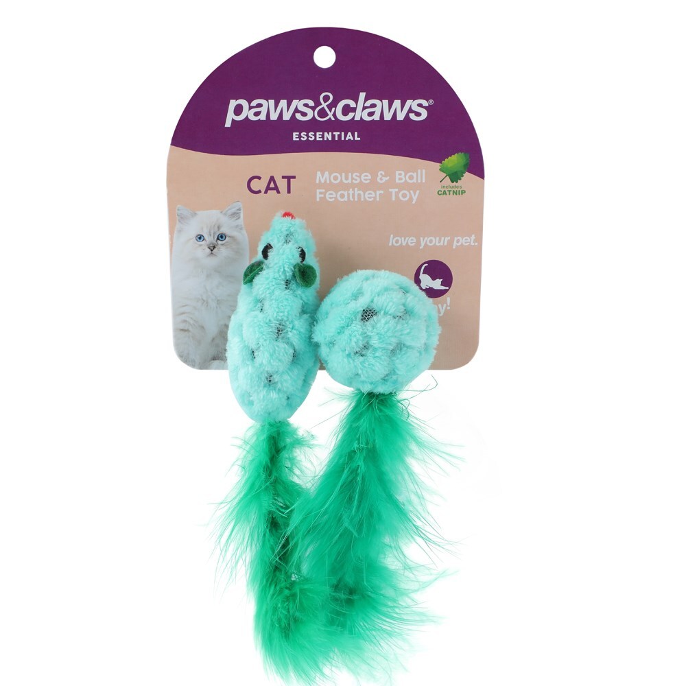 2PK Paws & Claws 15cm Mouse & Ball Feather Toy w/ Catnip - Assorted