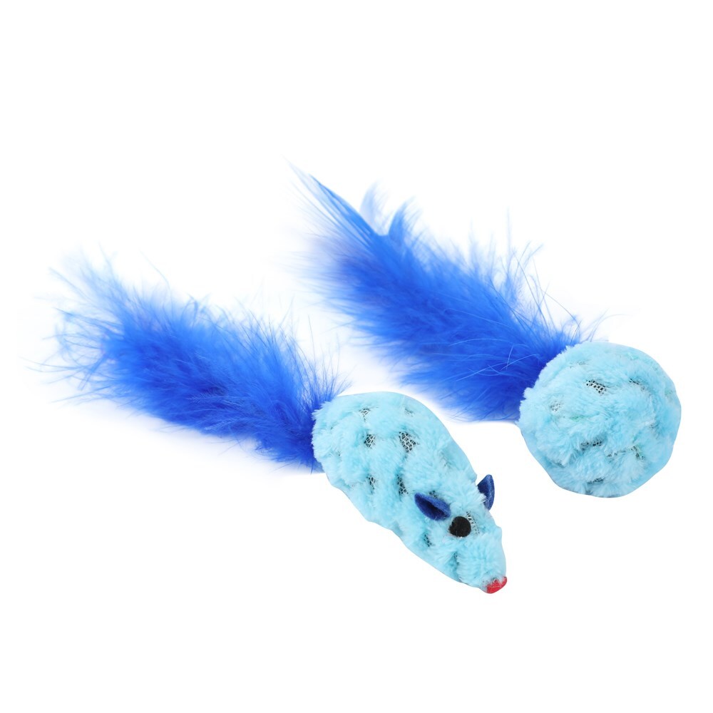 2PK Paws & Claws 15cm Mouse & Ball Feather Toy w/ Catnip - Assorted