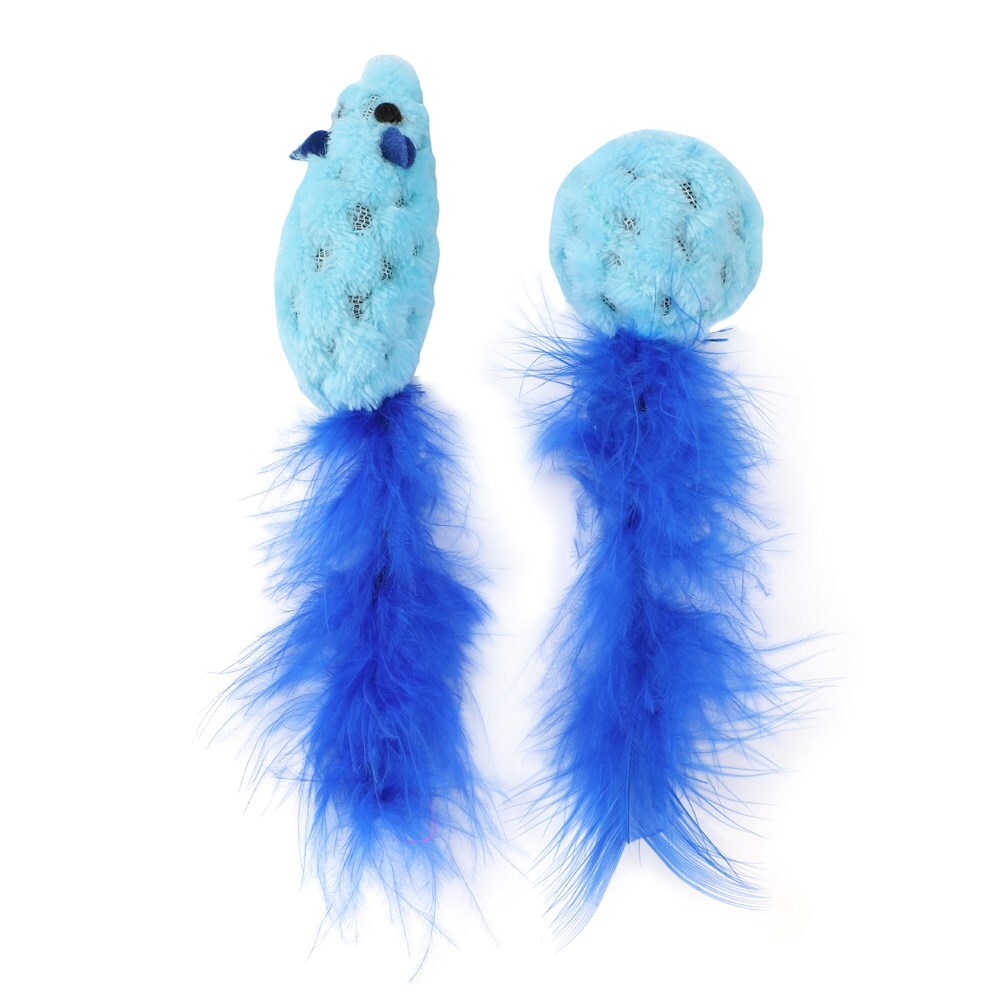 2PK Paws & Claws 15cm Mouse & Ball Feather Toy w/ Catnip - Assorted