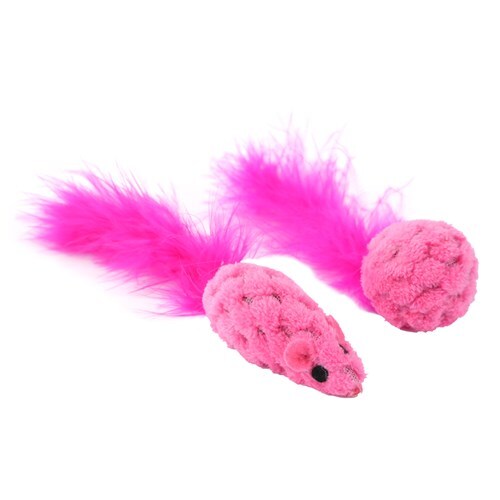 2PK Paws & Claws 15cm Mouse & Ball Feather Toy w/ Catnip - Assorted