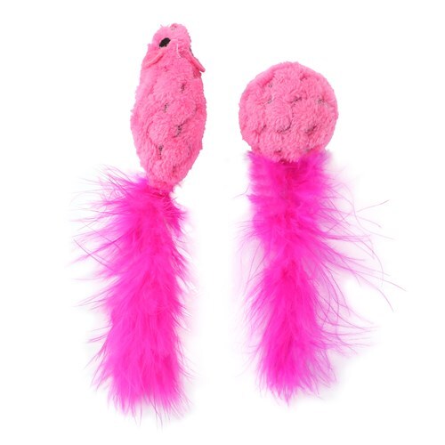 2PK Paws & Claws 15cm Mouse & Ball Feather Toy w/ Catnip - Assorted