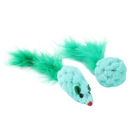 2PK Paws & Claws 15cm Mouse & Ball Feather Toy w/ Catnip - Assorted