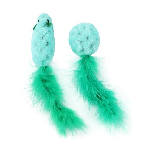 2PK Paws & Claws 15cm Mouse & Ball Feather Toy w/ Catnip - Assorted