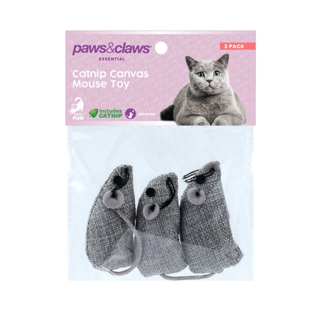 Paws & Claws Catnip Canvas Mouse 3Pk 6.5X3cm Assorted